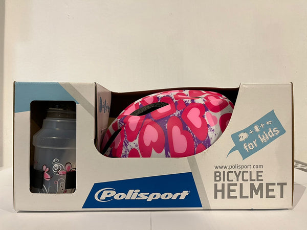 POLISPORT - S Junior Premium Bicycle Helmet for kids G HARTS (Pink/White) + holder + Water bottle