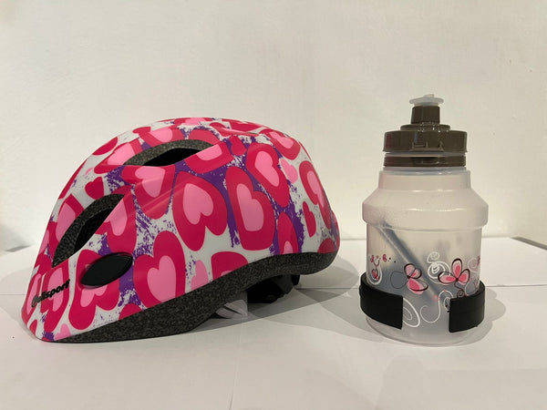 POLISPORT - S Junior Premium Bicycle Helmet for kids G HARTS (Pink/White) + holder + Water bottle